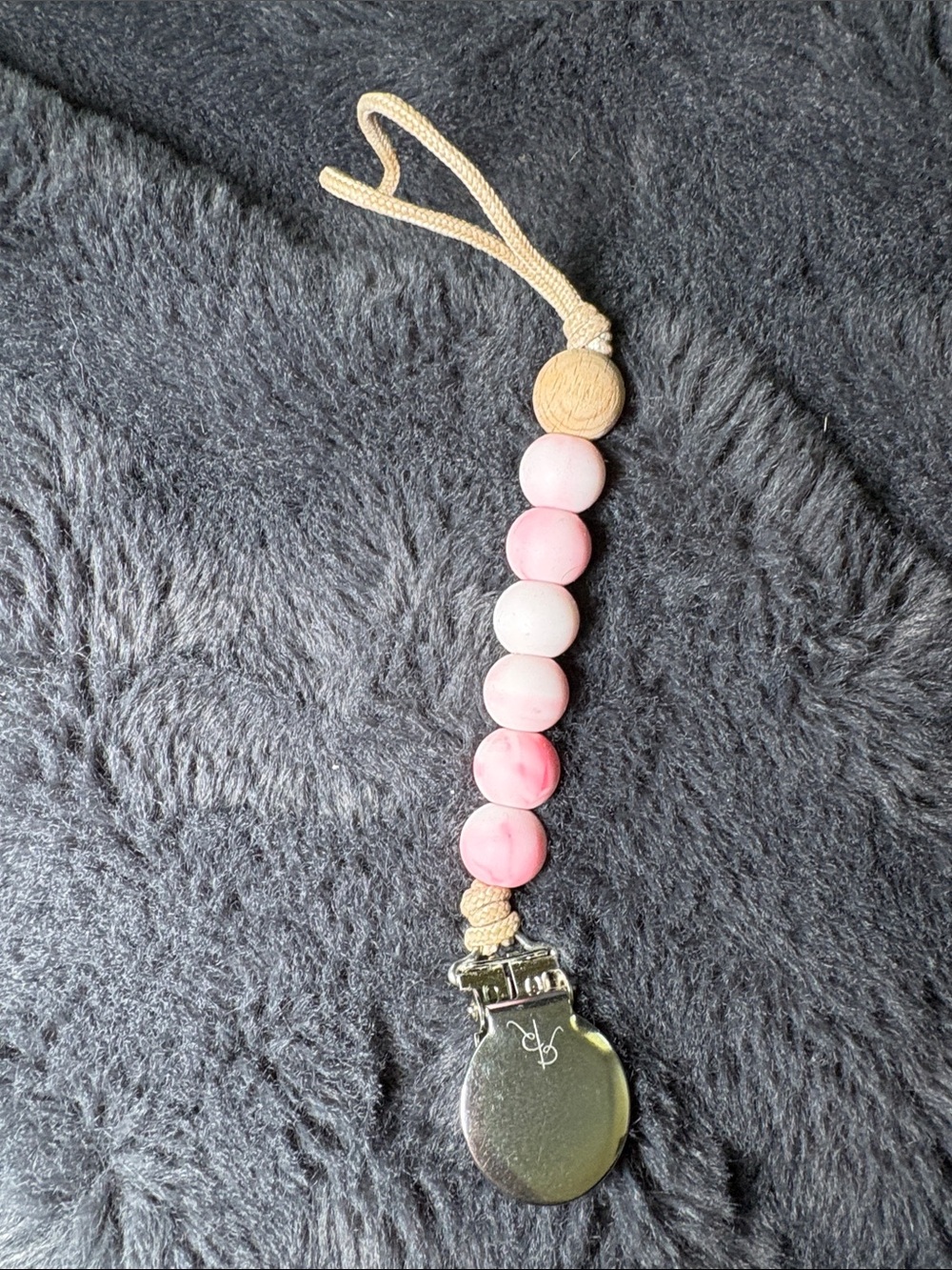 Pink Beaded Pacifier Clip with Natural Wood Accent
